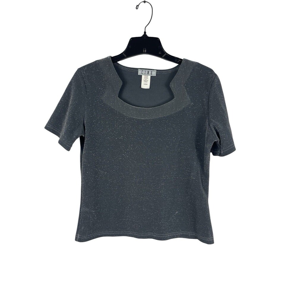 CINQ Womens L Gray Metallic Shimmer Top Notched Scoop Neck Stretch Y2K Grunge